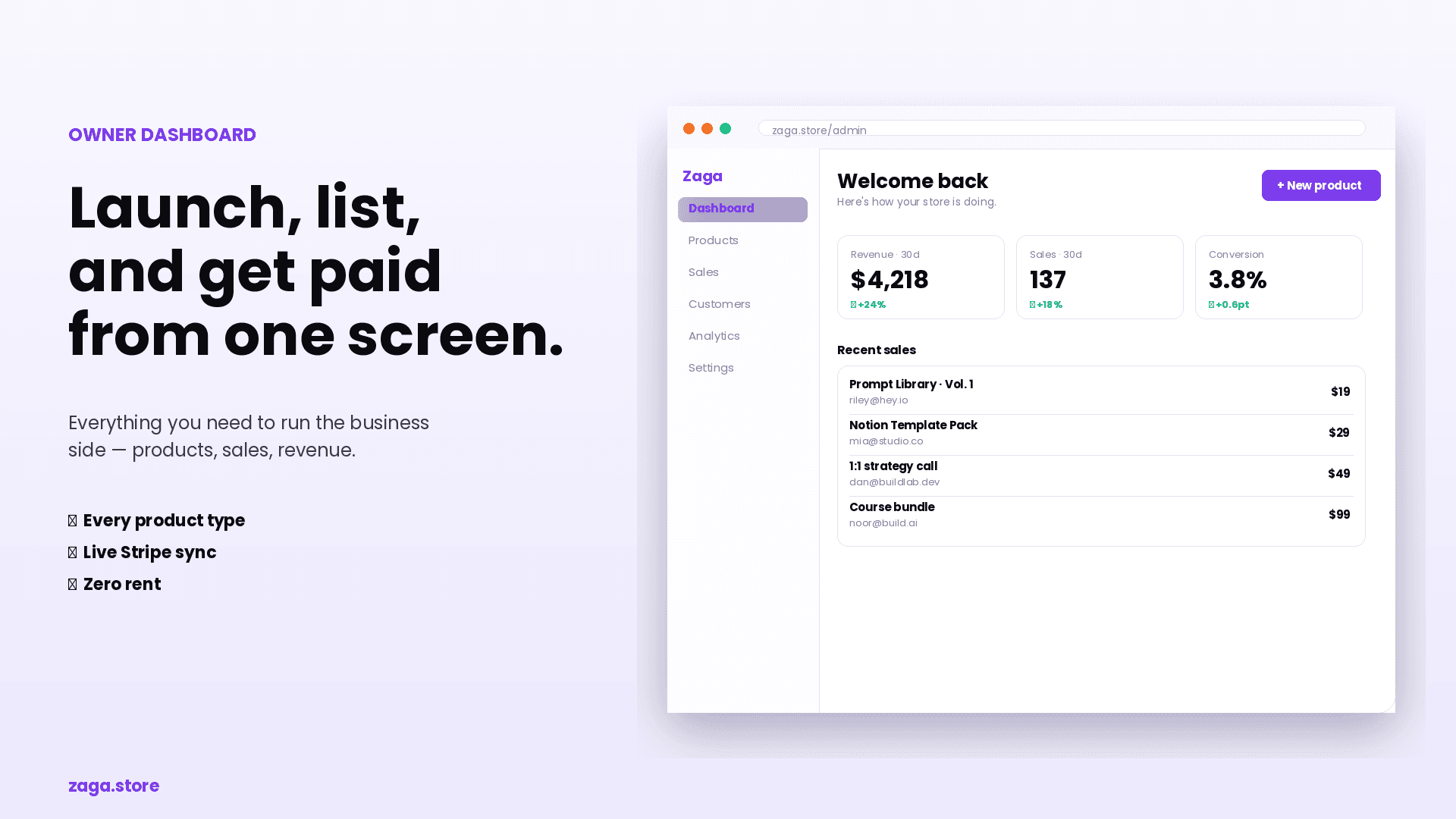 Zaga.Store owner dashboard banner showing product, revenue, and recent sales management.