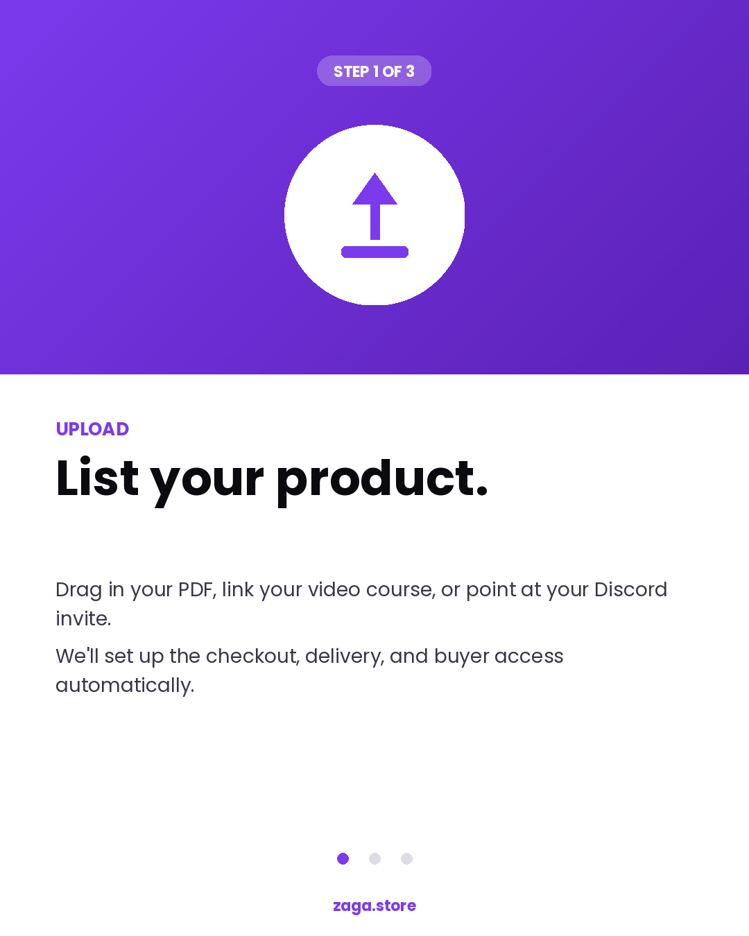 How it works marketing card showing upload your product on Zaga.