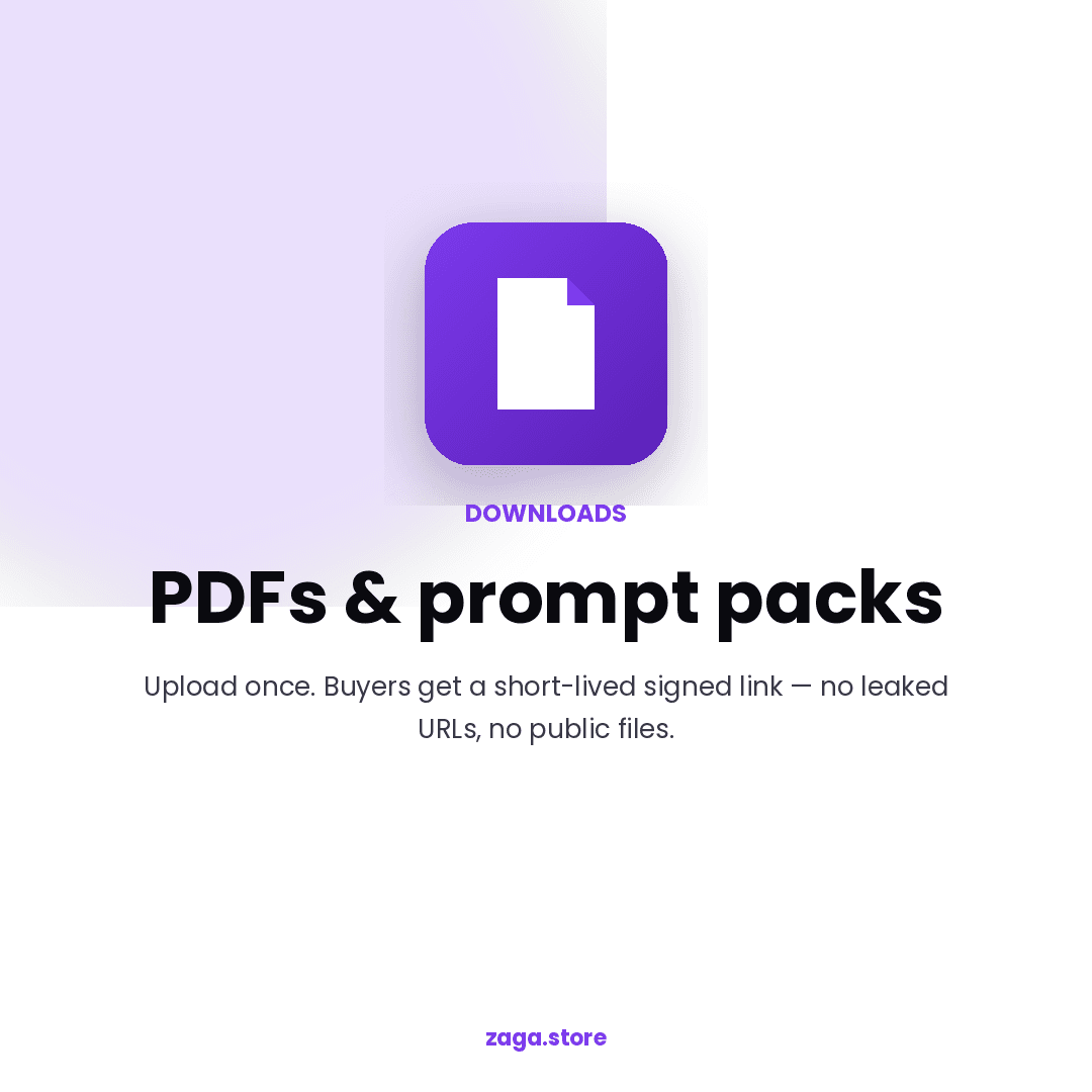 Marketing asset showing Zaga digital download product card for PDFs and downloads.