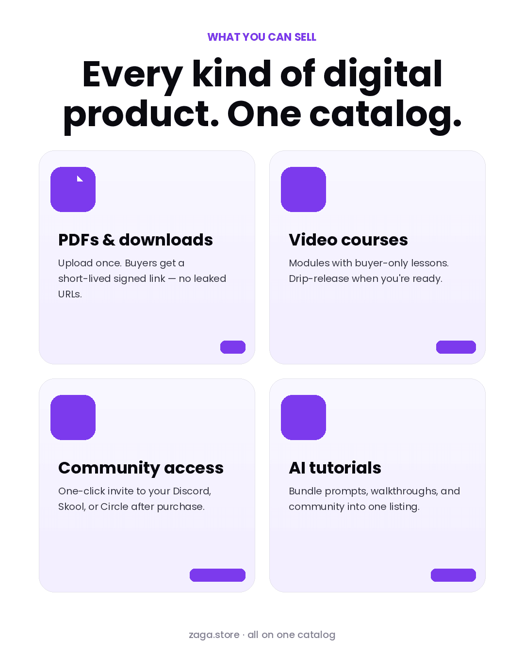 Zaga.Store graphic summarizing the core creator product types available in the platform.